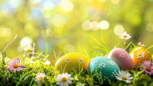 A joyful Easter scene with a few colorful eggs and a central area for your Easter wishes