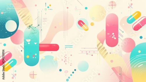 Vector illustration of an abstract medicine background, featuring lines, circles, and flat icons representing medical concepts such as health, healthcare, DNA, and more