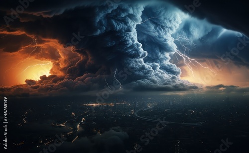 a large storm is erupting over a city