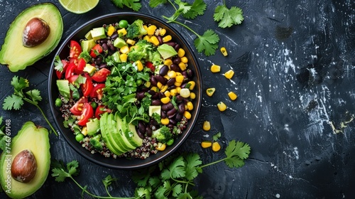 A light and flavorful salad with quinoa, black beans, corn, avocado