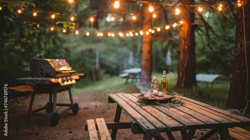 A cozy barbecue setup with a rustic grill, wooden picnic table