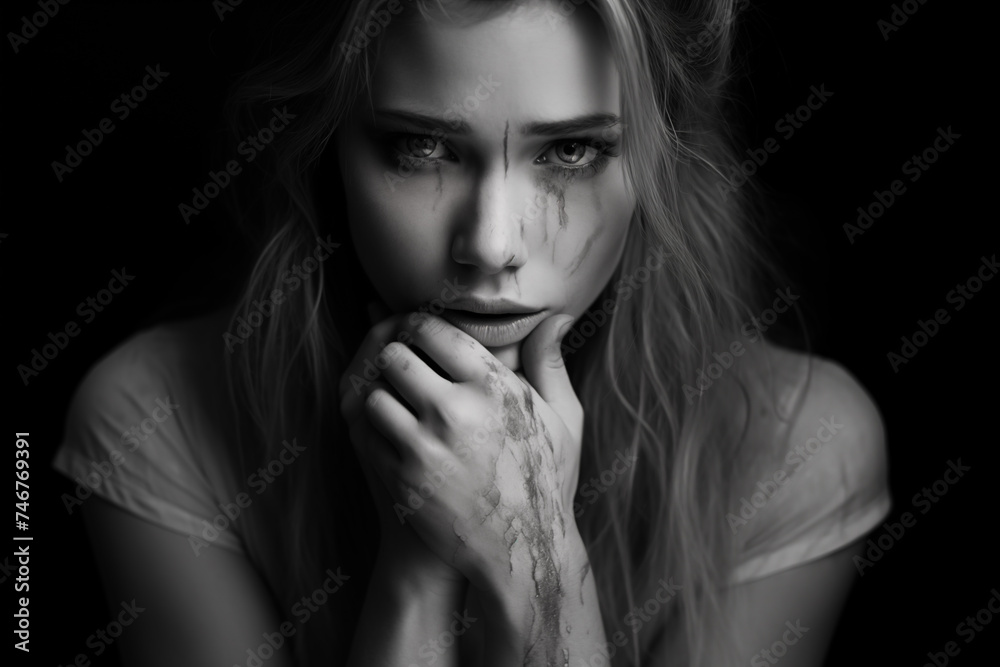 Portrait of a beautiful girl with tears on her face. Black and white Portrait of a beautiful girl with tears on her face. Black and white