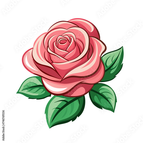 pink cartoon rose flower with green leaves on white