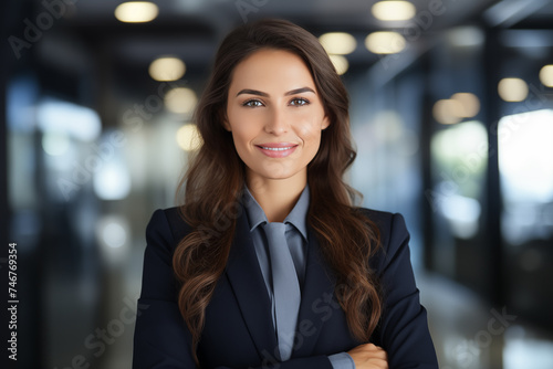 Portrait of young businesswoman with crossed arms standing in office.