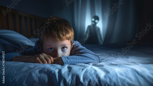 a scared child sleeping in bed 