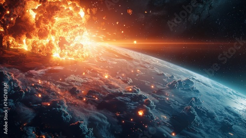 A large burning meteorite flies towards planet Earth © yganko