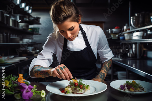 portrait of beautiful female chef preparing vegetable salad in kitchen at restaurant