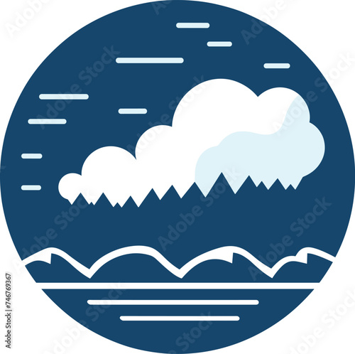 Minimalist cloud mountain landscape blue tones, round frame design. Modern geometric nature scene, flat style vector illustration