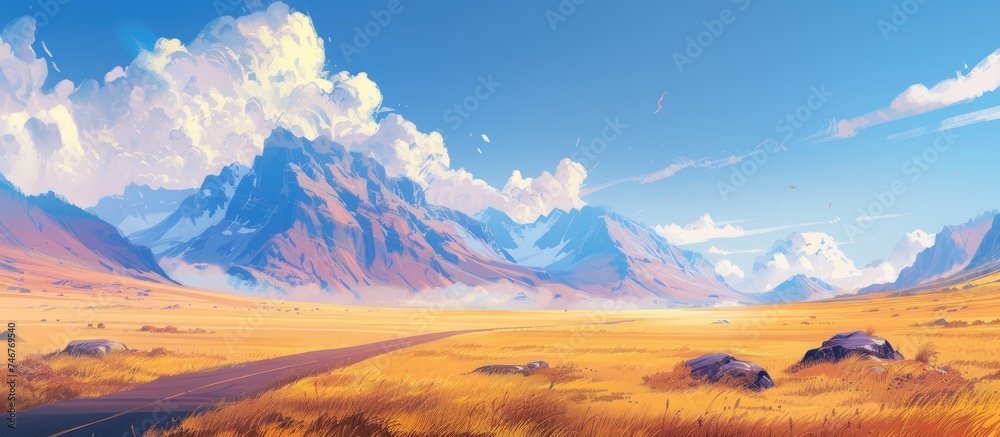 The painting depicts a vast landscape with rolling hills in the foreground leading to towering mountains in the background. A yellow plain road weaves through the scene under a clear sky.