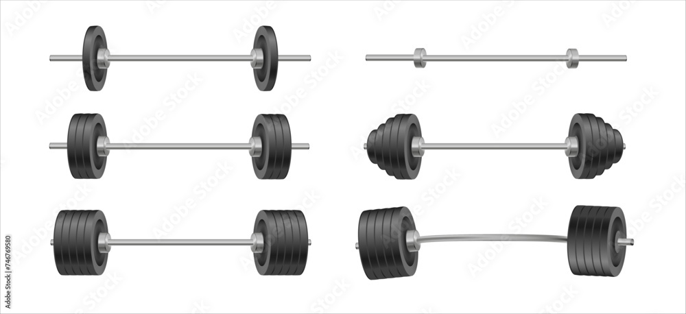 Barbells set of with different weights. Weightlifting equipment. Vector illustration in flat. Vector Barbells set of with different weights. Weightlifting equipment. Vector illustration in flat. Vector