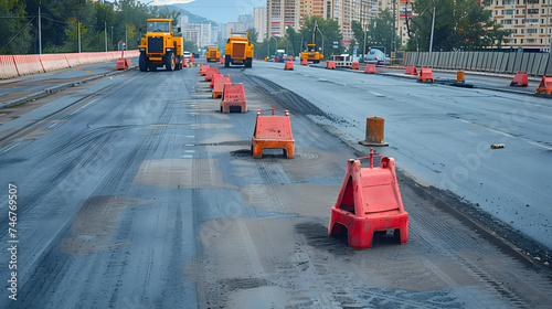 Construction of a city road. Freshly laid asphalt. Road works