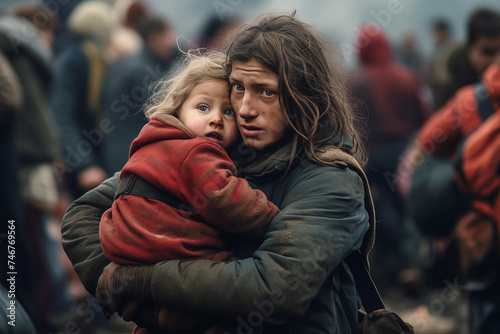 Mother holding baby in crowd of refugees. Refugee crisis © Татьяна Евдокимова