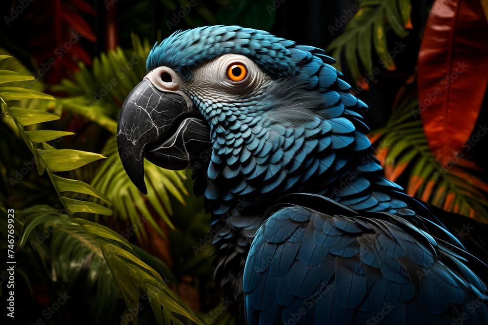 Fototapeta premium A blue parrot sitting in front of plants. Generative AI