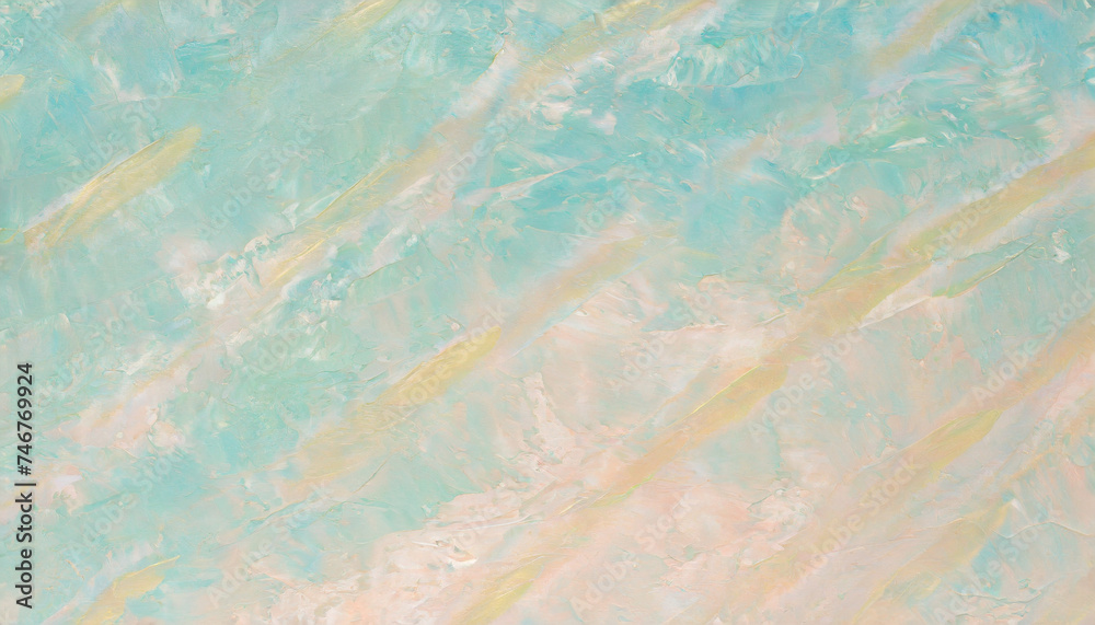 Blank textured background of light blue, coral sand, and yellow tones. Painted plaster surface for color, texture, or text copy.