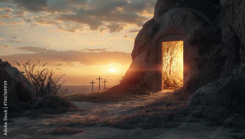 Easter Sunday of Resurrection. Empty tomb of Jesus with the three crosses of Calvary in the distance at sunset - obrazy, fototapety, plakaty 