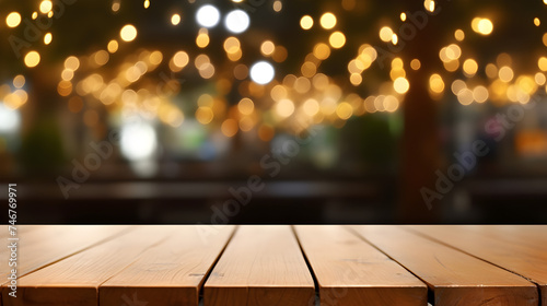 christmas lights on the table Empty Brown Wooden Table and Blur Background, Empty brown wooden table and bokeh blur background 