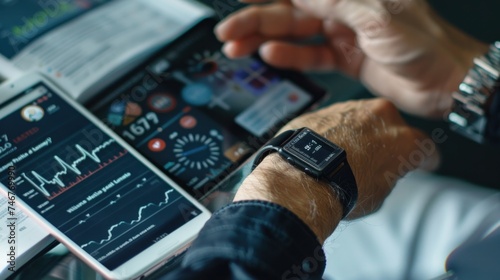 A male's hands demonstrating the synchronization of health data between a smartwatch and smartphone