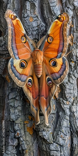 A beautiful polyphemus moth rests peacefully on a tree, displaying its majestic and detailed wings. Polyphemus moth of unique beauty. photo