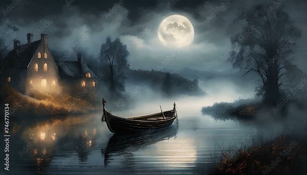  Łódka na rzece otoczonej mgła oświetlona światłem księżyca. Nostalgiczny krajobraz - obrazy, fototapety, plakaty 