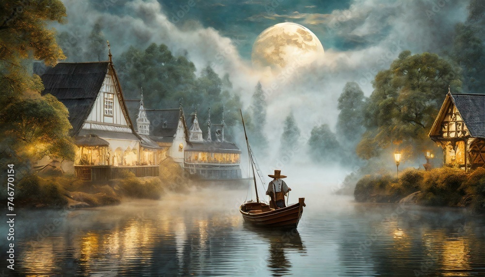 Człowiek płynący łodzią przez zamgloną rzekę w blasku księżyca. Na brzegach rzeki domy. Nostalgiczny, romantyczny krajobraz - obrazy, fototapety, plakaty 