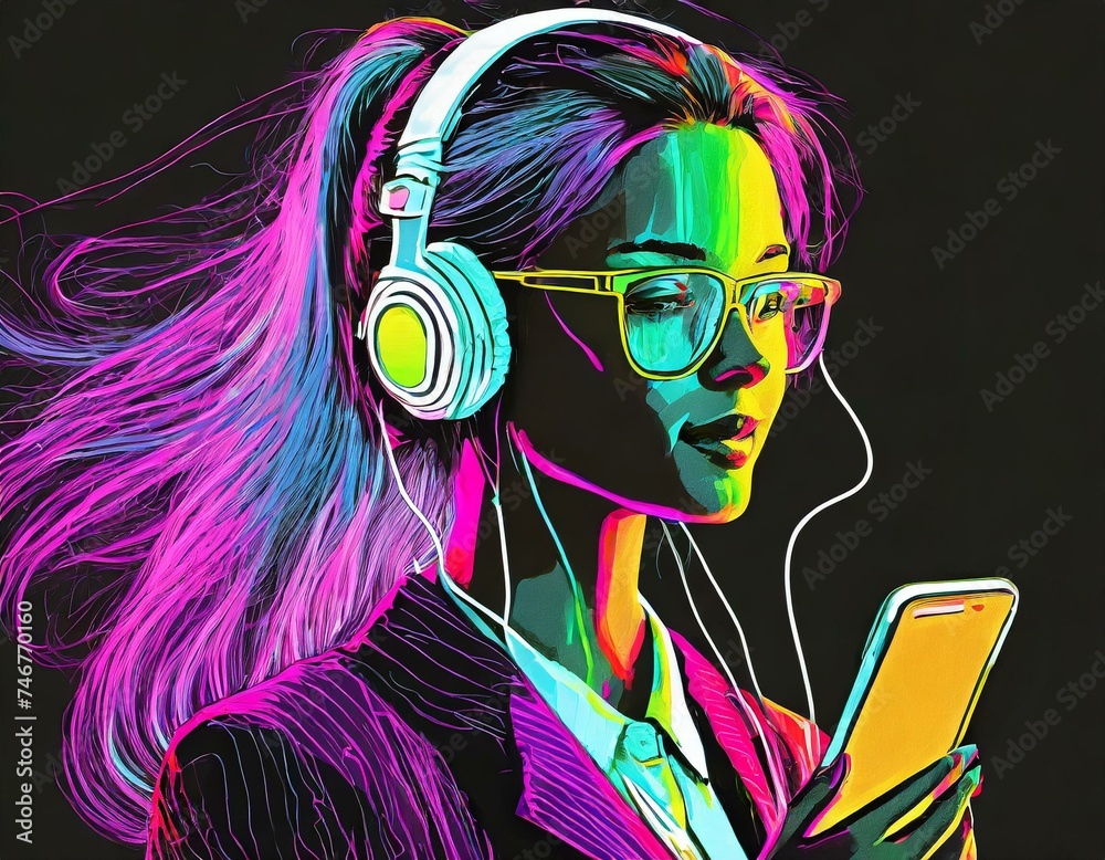 Neonowa sylwetka kobiety ze smartfonem i słuchawkami na uszach. Czarne tło, neonowy rysunek - obrazy, fototapety, plakaty 