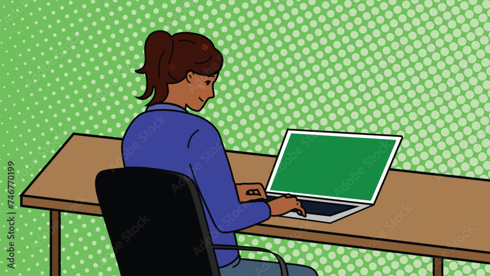 Business woman with laptop at desktop. Concept of work, training, online broadcast. Vector illustration, flat design. vector illustration Business woman with laptop at desktop. Concept of work, training, online broadcast. Vector illustration, flat design. vector illustration