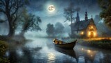  Łódka na rzece otoczonej mgła oświetlona światłem księżyca. Nostalgiczny krajobraz