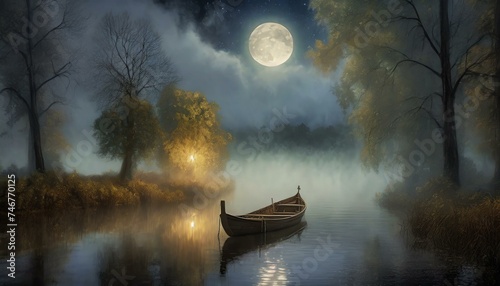 A boat on a foggy river illuminated by moonlight. Nostalgic landscape