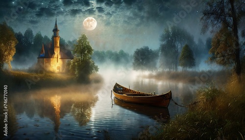 A boat on a foggy river illuminated by moonlight. Nostalgic landscape