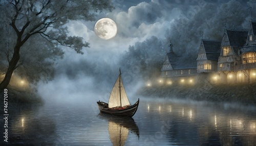 A boat on a foggy river illuminated by moonlight. Nostalgic landscape