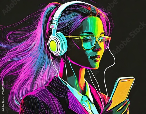 Neonowa sylwetka kobiety ze smartfonem i słuchawkami na uszach. Czarne tło, neonowy rysunek
