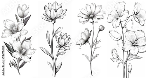 Black and white flowers, sketch, clipart, lineart, ink. Generative ai