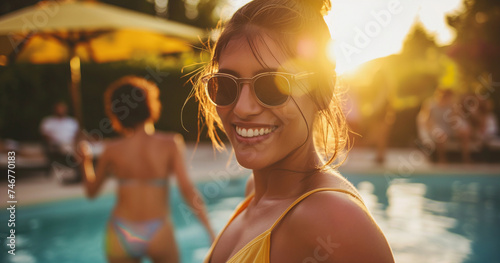 Lifestyle portrait of beautiful hispanic woman smiling with friends at summer pool party at sunset photo