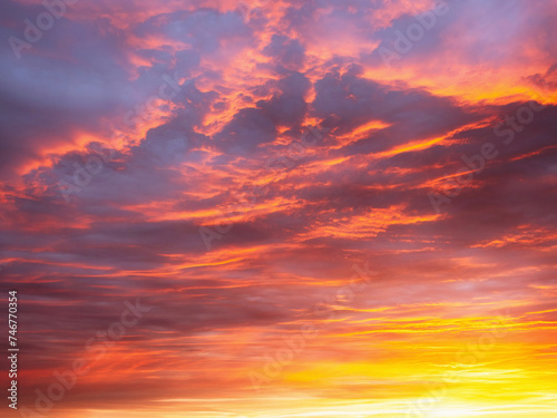 Dramatic dusk sky with clouds. Mysterious abstract heaven background pattern texture at sunset.