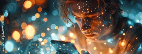 Close-up of a young person absorbed in smartphone with a vibrant bokeh overlay.