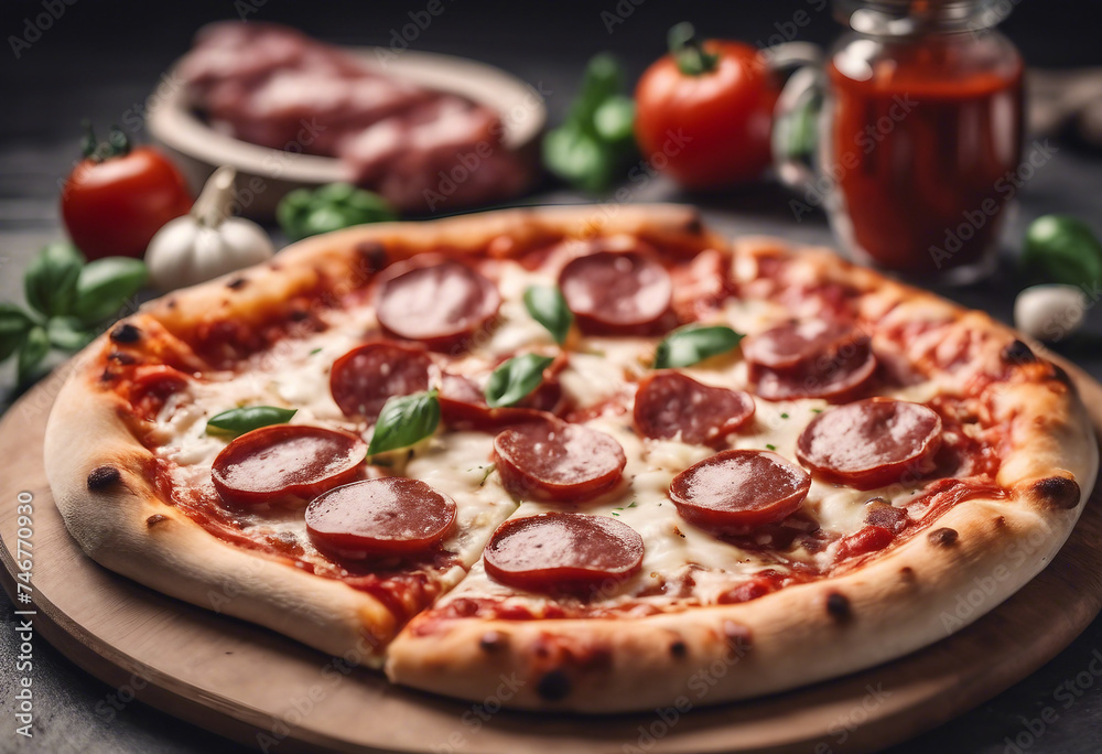 Indulge in the Savory Delights of a Pizza, Adorned with Salami, Sausages, Mozzarella, and Tomato Sauce, All Captured on a Clean White Background Indulge in the Savory Delights of a Pizza, Adorned with Salami, Sausages, Mozzarella, and Tomato Sauce, All Captured on a Clean White Background