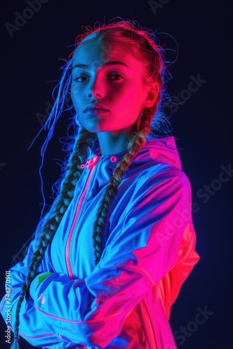 A sporty woman wearing sport uniform is posing over black background, neon lighting © piai