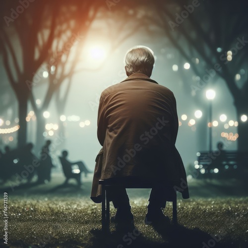A senior man sits in reflection, surrounded by the hazy embrace of a foggy park as the evening lights twinkle softly in the background.
 photo