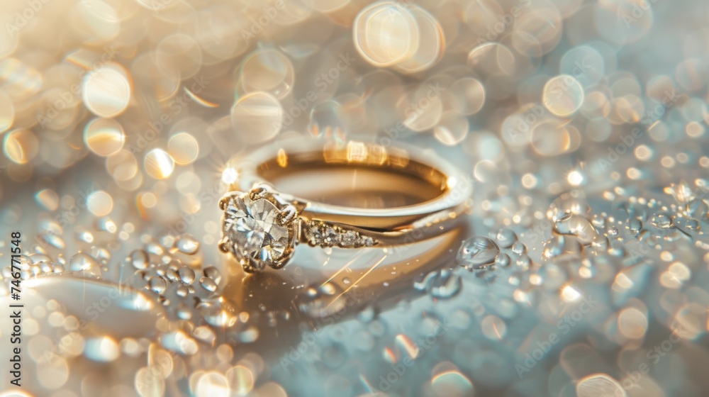 Gold jewelry. Product shoot, macro shot, gold wedding ring with diamond on shiny surface. Wedding. Love. Luxury. Gold jewelry. Product shoot, macro shot, gold wedding ring with diamond on shiny surface. Wedding. Love. Luxury.