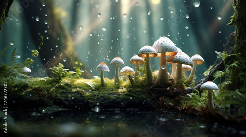 Dreamlike setting where Amanita muscari mushrooms photo