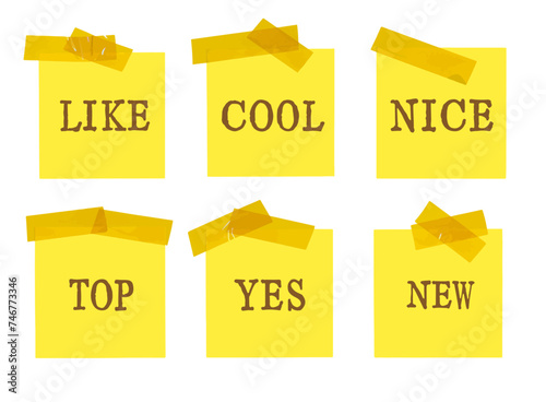 Collection of yellow stickers with words like, cool, nice, top, yes, new. Square sheets of paper with scotch and text. Vector illustration.