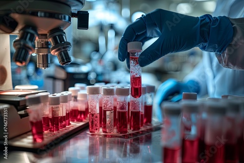 Hands of a doctor collecting blood sample tubes from rack with analyzer in lab. Doctor holding blood test tube in research laboratory red blood cells