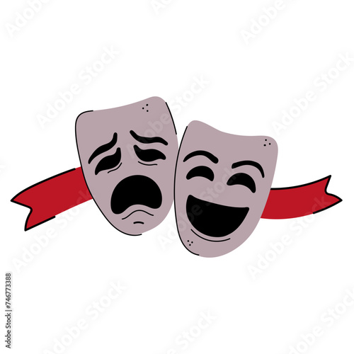 A doodle illustration of two theatrical masks and red ribbon. Comedy and tragedy concept.