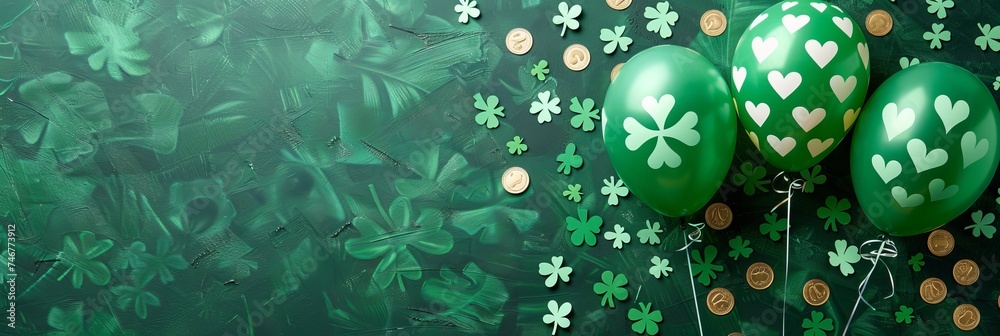 Obraz premium Stpatrick s day banner with irish balloons, clover, gold coins, and confetti on a green background.