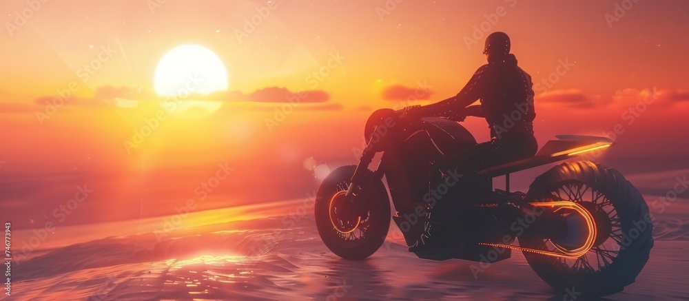 Cyberpunk biker riding motorbike on a retro wave beach in the sunset landscape. AI generated image