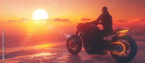 Cyberpunk biker riding motorbike on a retro wave beach in the sunset landscape. AI generated image © yusufadi