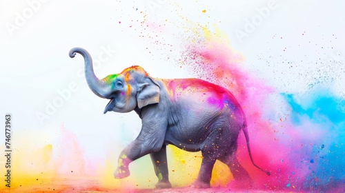Holi festival of Colors, music, love, spring in India. Big elephant powdered of colorful rainbow powder, white background. Hindu happiness holiday, splash of vibrant paints. Bengali new year. India