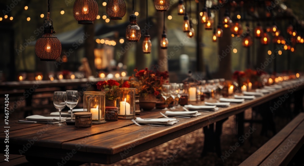 a rustic wedding venue with string lights hanging down over tables and chairs