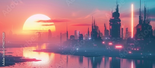 Futuristic cyberpunk neon urban city against blue sunset sky wallpaper landscape. AI generated image