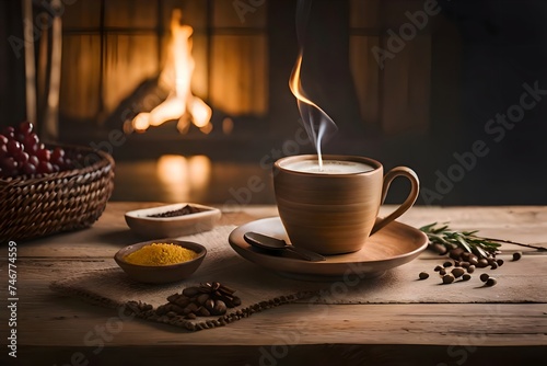 A cup of coffee with fireplace background.